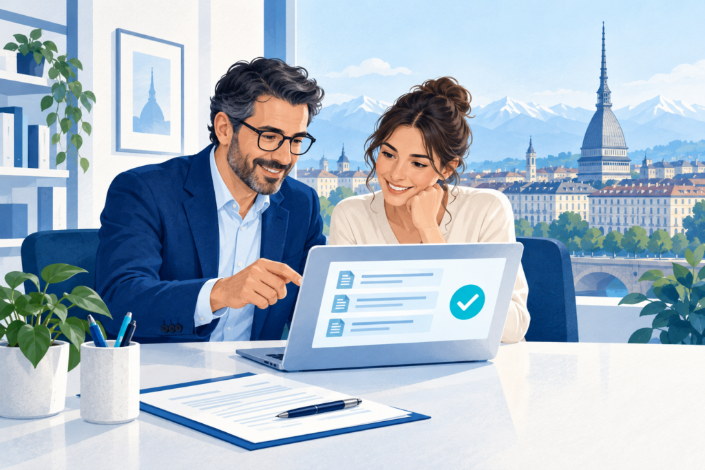 Illustrazione di un consulente e una professionista al computer, con Torino sullo sfondo, per il servizio di assistenza MePA.